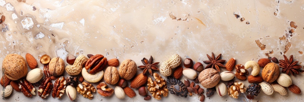 Aufkleber assorted nuts on light brown background with ample space for creative text placement