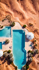 A drone shot of a luxury swimming pools in the desert, sand dunes, mountains, luxury mansion and garden, hotel, resort, architecture inspiration, architectural concept, design, modern building