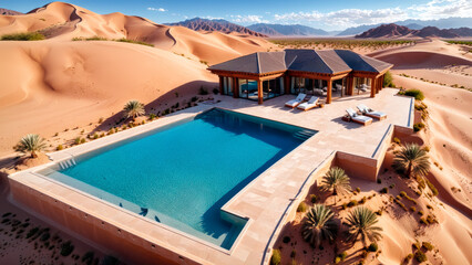 A drone shot of a luxury swimming pools in the desert, sand dunes, mountains, luxury mansion and garden, hotel, resort, architecture inspiration, architectural concept, design, modern building