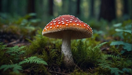 macro photo of little mushroom growing on the ground. Green forest background