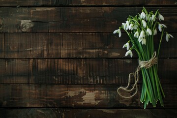 A vibrant, close-up image of a bouquet of snowdrops, bound with a simple twine, set against a dark...
