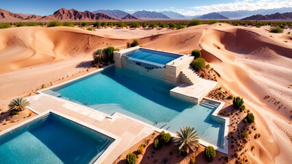 Fototapeta premium A drone shot of a luxury swimming pools in the desert, sand dunes, mountains, luxury mansion and garden, hotel, resort, architecture inspiration, architectural concept, design, modern building