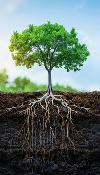 Large green tree with visible roots in soil against blank background for text placement