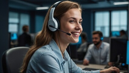  portrait photo of  beautiful girl as a call center operator