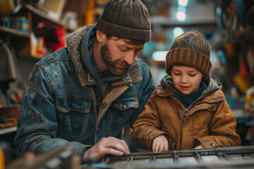 Fototapeta premium A father and a young son are focused on something together