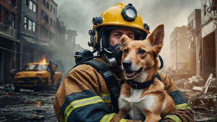 dog rescued from fire - obrazy, fototapety, plakaty