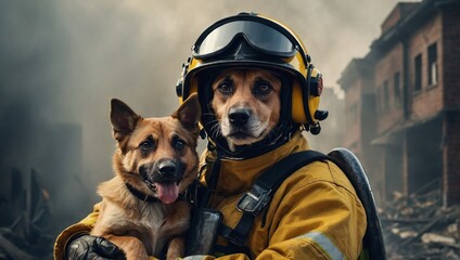 Portrait photo of heroic fireman dog in protective suit holds saved dog in his arms