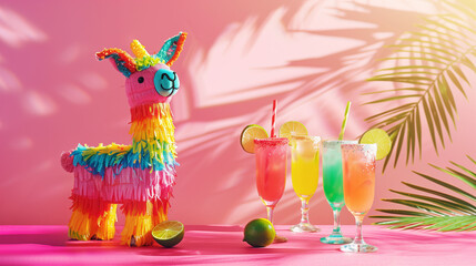 A lively and vibrant setting with a colorful llama pinata and a chilled margarita with a salted rim, accompanied by fresh limes on a sunny pink