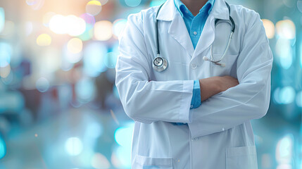 Healthcare, medical staff concept, a doctor with stethoscope around his neck , focused doctor , unfocused background 