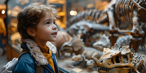 Young children filled with excitement as they explore a prehistoric museum brimming with dinosaur...