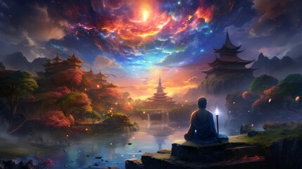 Buddhist meditator finding cosmic unity in stunning natural landscape under a vibrant starry sky - obrazy, fototapety, plakaty