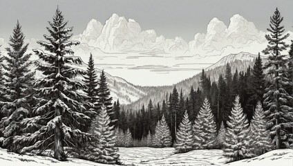 illustration of black and white forest.