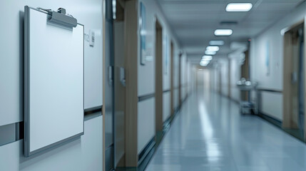 Blank medical clipboard with in hospital corridor on blur background. Copy space. blurred background  - obrazy, fototapety, plakaty
