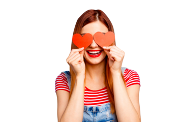 I love you! Close up studio photo portrait of cute lovely pretty with beaming toothy smile girl covering eyes with small little postcards in shape on heart isolated bright vivid background