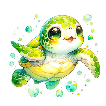 An illustration of a cute Sea turtle swimming gracefully in the ocean, rendered in watercolor style.