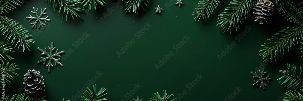Poster festive christmas background with pine branch and snowflake border, ideal for text space
