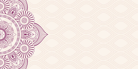 Horizontal mandala vector banner. Decorative flower mandala background with place for text. Purple mandala onbeige background. Color ornamental ethnic banner. Arabic Islamic east style.