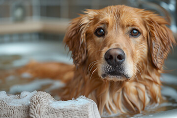 A golden retriever dog sitting in bathtub next to towel in spa for dog