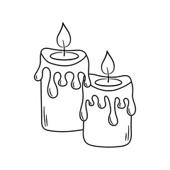 Cute burning candles with wax. Hand drawn doodle vector illustration.
