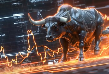 A strong bull charging forward, with an upward arrow behind it and the background showing a stock market graph rising.  - obrazy, fototapety, plakaty