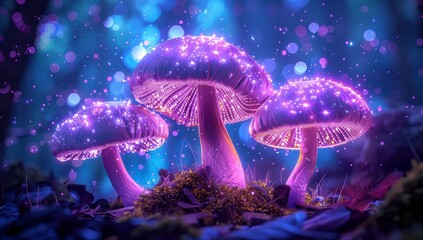 beautiful glowing mushrooms in the forest - obrazy, fototapety, plakaty