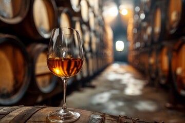 A glass of aged golden fortified wine resting on a wooden barrel in the cellar of a winery - obrazy, fototapety, plakaty