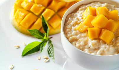 Vibrant Morning Delight: Healthy Oatmeal Porridge with Fresh Mango