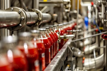 A line of industrial red and silver pipes in a factory setting, showcasing the production process of beverages and other commercial products