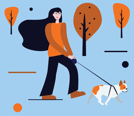 Woman walks with dog in the park. Vector illustration - 761330885