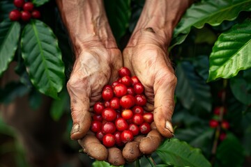 A person proudly displays a handful of freshly harvested raw red berries - Powered by Adobe