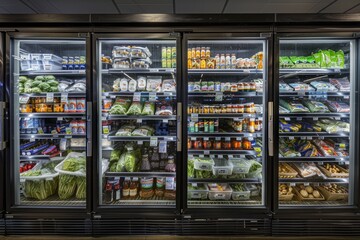 A front view of a supermarket refrigerator filled with a variety of food and drinks ready to be purchased and enjoyed
