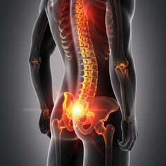 Human spine visualization lower back pain with red and orange colours. - obrazy, fototapety, plakaty