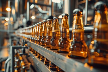 Glass beer bottles aligned on a modern conveyor belt in a brewery production line