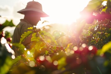 A man standing amidst grapevines in a vineyard with ripe grapes on bushes in the foreground, set against a morning sunlight backdrop - obrazy, fototapety, plakaty