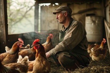 Fototapeta premium A man is kneeling down next to chickens in a barn on a sustainable, nature-friendly farm