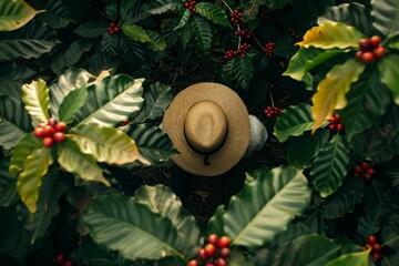 A hat resting in the center of a bush with vibrant red berries, creating a striking image of contrast and natures beauty - Powered by Adobe