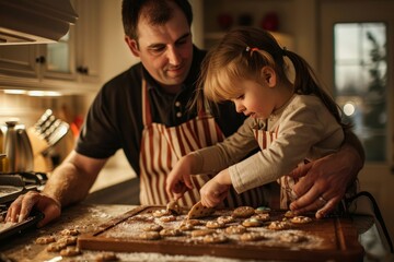 A man and a little girl are joyfully baking and decorating cookies in a cozy kitchen setting