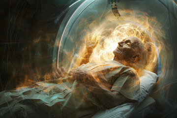 Image of a patient lying down undergoing a magnetic resonance imaging (MRI) scan. - Powered by Adobe
