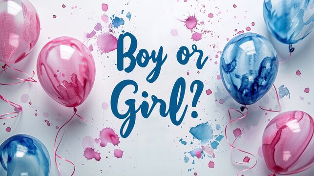 Boy or girl. Gender reveal illustration. Inspirational modern calligraphy lettering with painted blue and pink balloons. Template typography for party invitation, banner, poster.