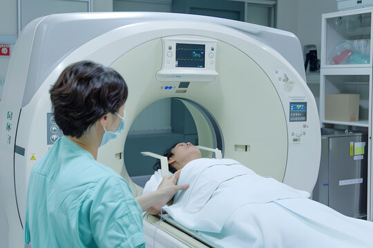 Image of a patient lying down undergoing a magnetic resonance imaging (MRI) scan.