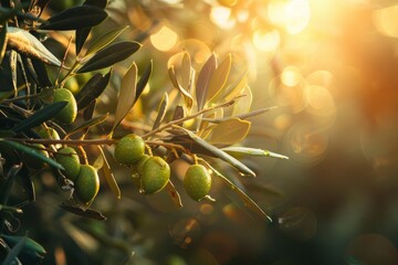 Ripe green olives hanging from branches of an olive tree as the sun sets, casting a warm glow on the scene