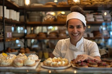 A cheerful female baker proudly smiles behind a counter displaying a variety of pastries in a small pastry shop
