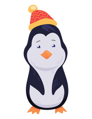 Cute penguin with warm hat on the head, stand and smile. Funny draw character in cartoon style. Adorable wild animal