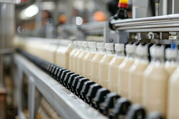 A row of milk bottles is steadily moving along a conveyor belt in a dairy production plant