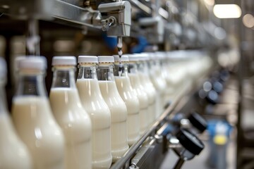 Bottles of milk moving along a conveyor belt in a milk bottling line at a dairy production plant