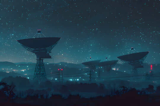 Set of Radio telescopes at night with starry nights releasing with hologram hud research and discovery and futuristic communication