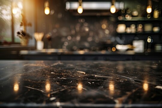 A commercial food photography setting featuring a modern empty dark marble countertop with lights in the background for product display