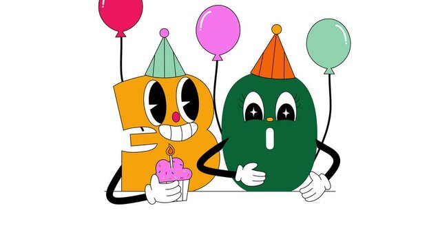 Cartoon numbers three and zero get anniversary gifts, 30th birthday greeting. Vector animation mp3 vector animation in retro groovy style