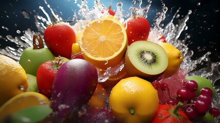 Composition with fresh fruits and water splash, isolated on a black background