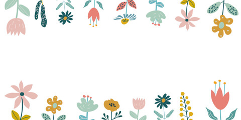 Spring background with flowers around the edge and place for text. Vector illustration of wildflowers in cartoon style. Template for cards, invitations, publications on social networks.